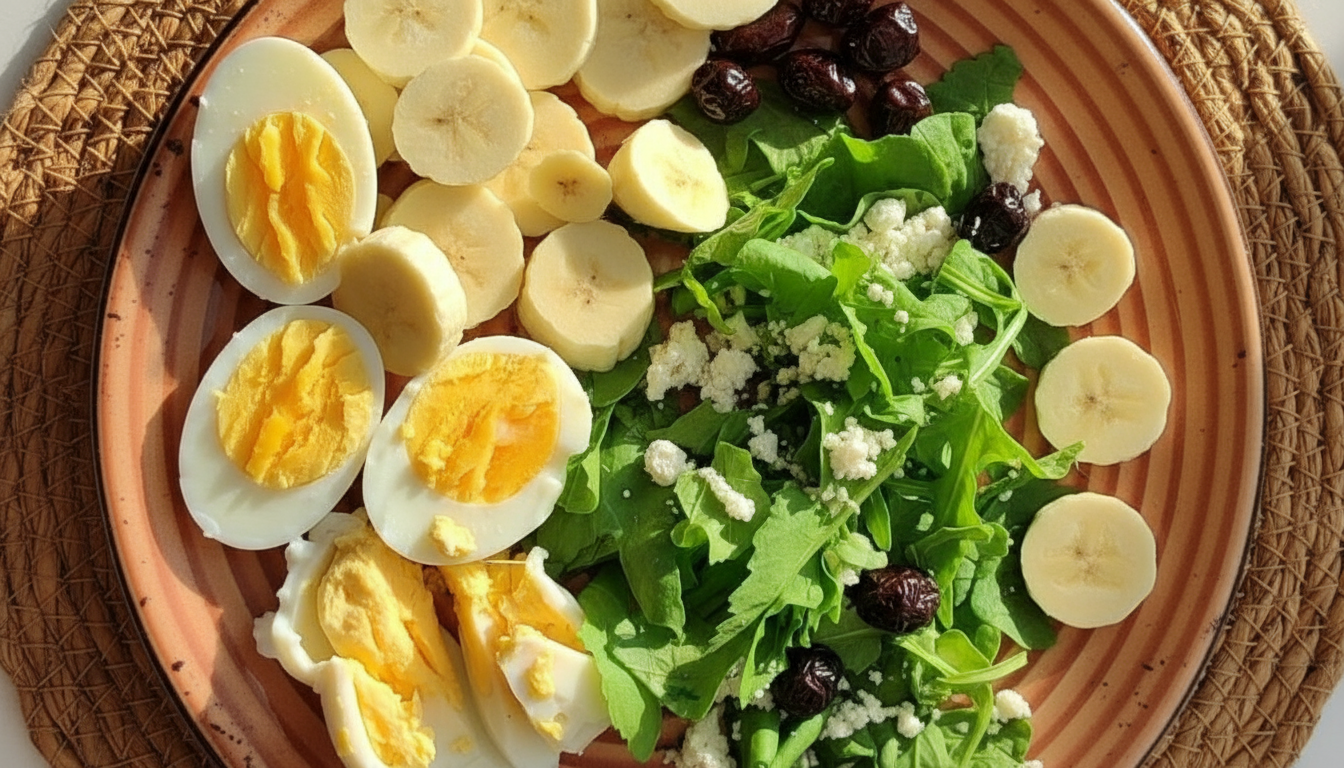 Healthy tirzepatide-friendly meal with hard-boiled eggs, bananas, arugula, cheese, and berries, supporting balanced nutrition on GLP-1 therapy.