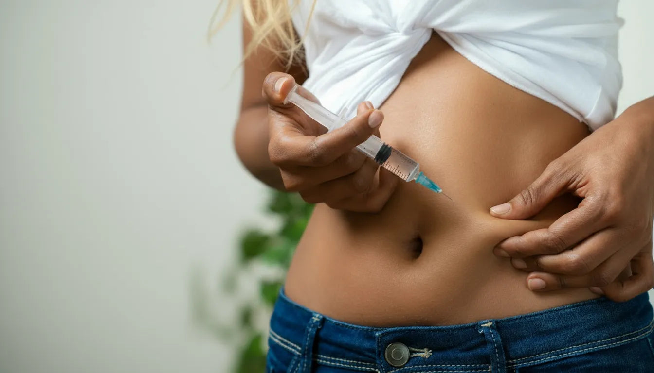 Person self-injecting tirzepatide in the abdomen, demonstrating proper technique for Contour Health’s step-by-step injection guide.