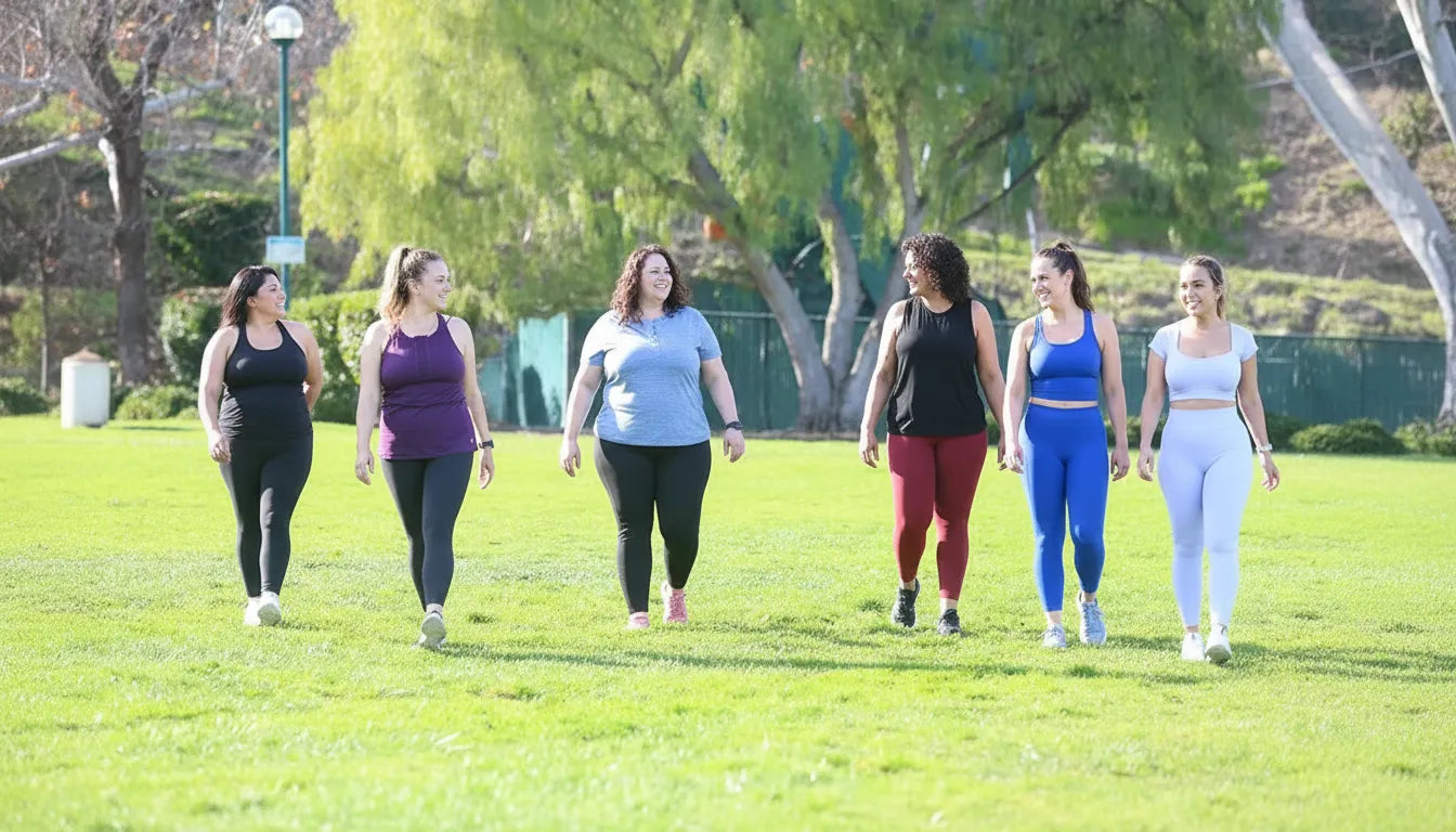 Group of women walking outdoors together, promoting active lifestyle and healthy weight loss with tirzepatide treatment.