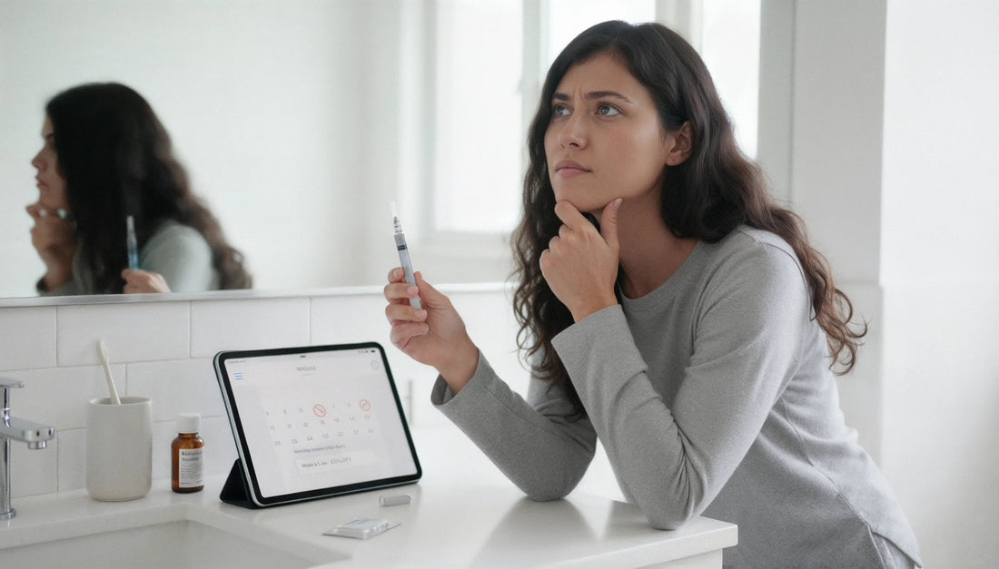 Woman holding semaglutide injection pen while checking a missed dose schedule on tablet, considering next steps in treatment plan.