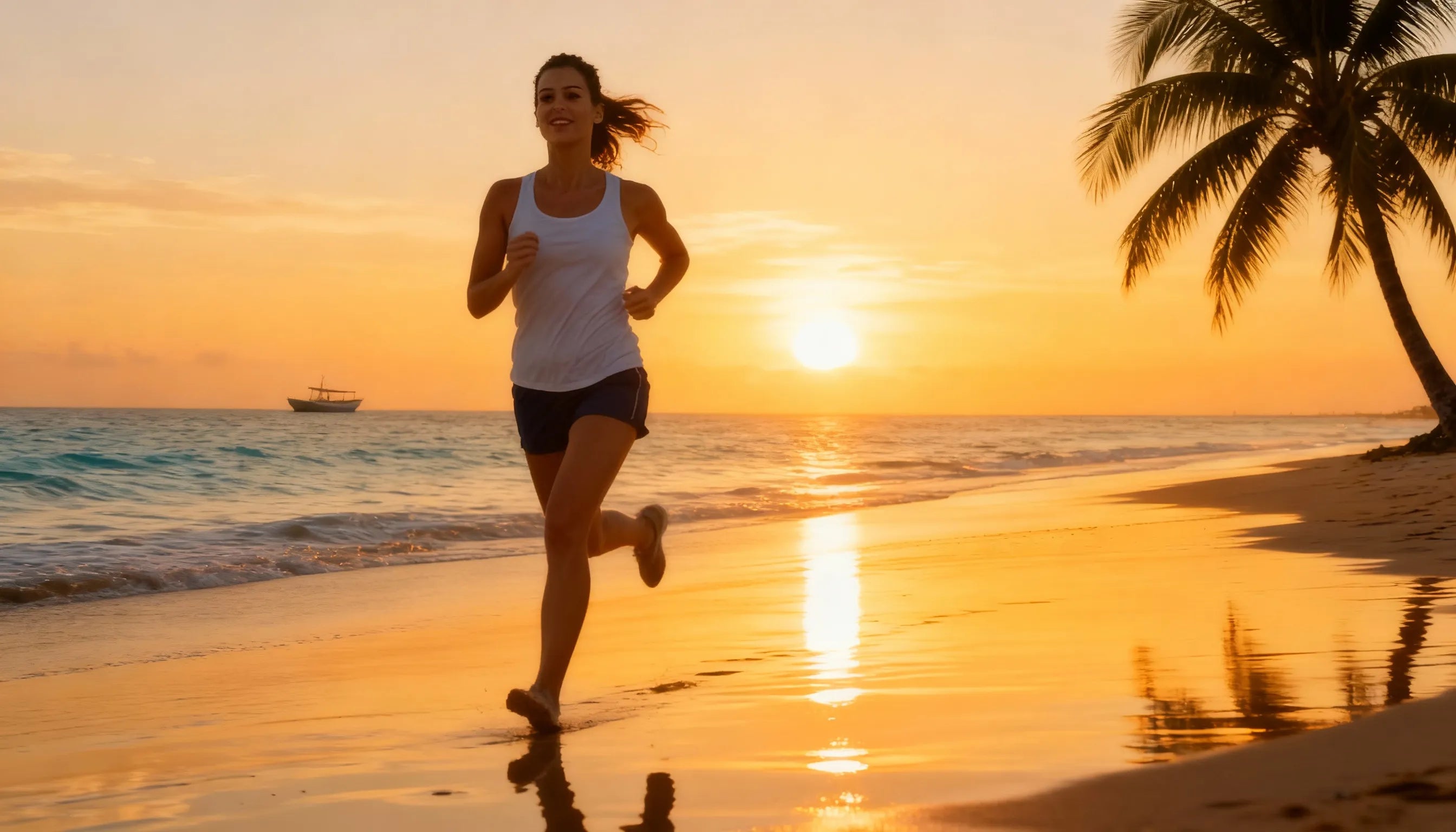 Woman jogging on the beach at sunrise, representing increased energy, metabolism, and enhanced weight loss from combining NAD and GLP-1 therapy.