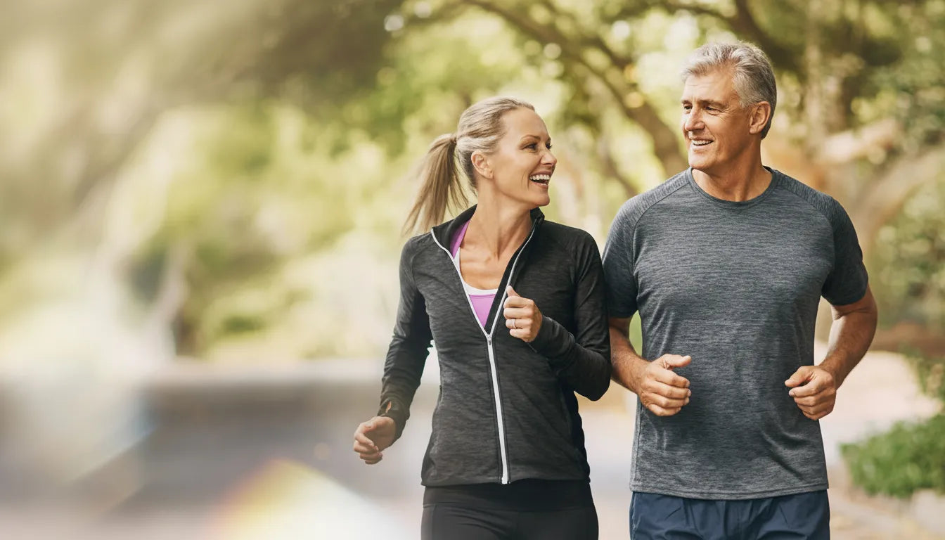 Active mature couple jogging outdoors, representing improved energy, longevity, and cellular recovery benefits of NAD+ IV therapy.