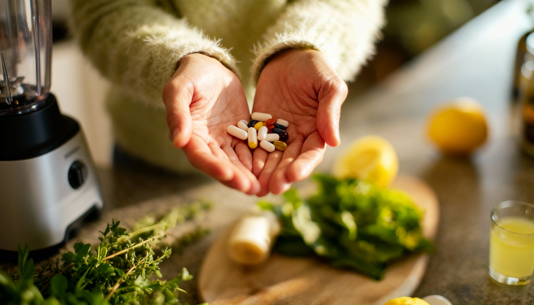 Person holding assorted NAD and wellness supplement capsules in their hands above fresh ingredients, highlighting nutritional support for metabolic health.