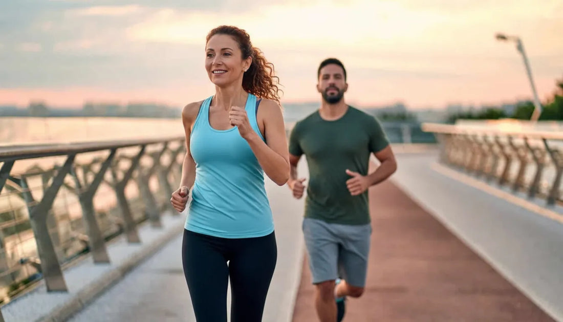 Man and woman jogging outdoors at sunrise, representing improved energy, metabolism, and realistic weight loss expectations with NAD support.