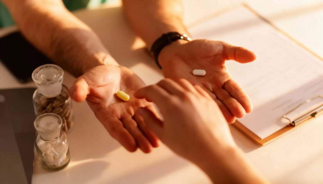Person choosing between two supplement pills, illustrating the comparison between NMN and NR for cellular energy and longevity support.