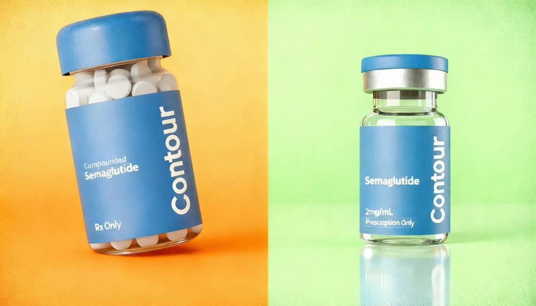 Oral semaglutide vs injectable comparison showing weekly injection pen and daily oral tablets