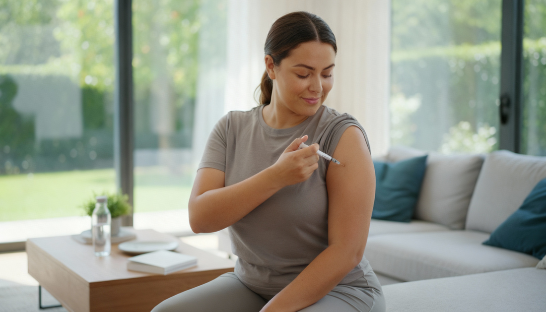 Woman self-injecting semaglutide in upper arm at home, demonstrating proper GLP-1 weight loss injection technique.