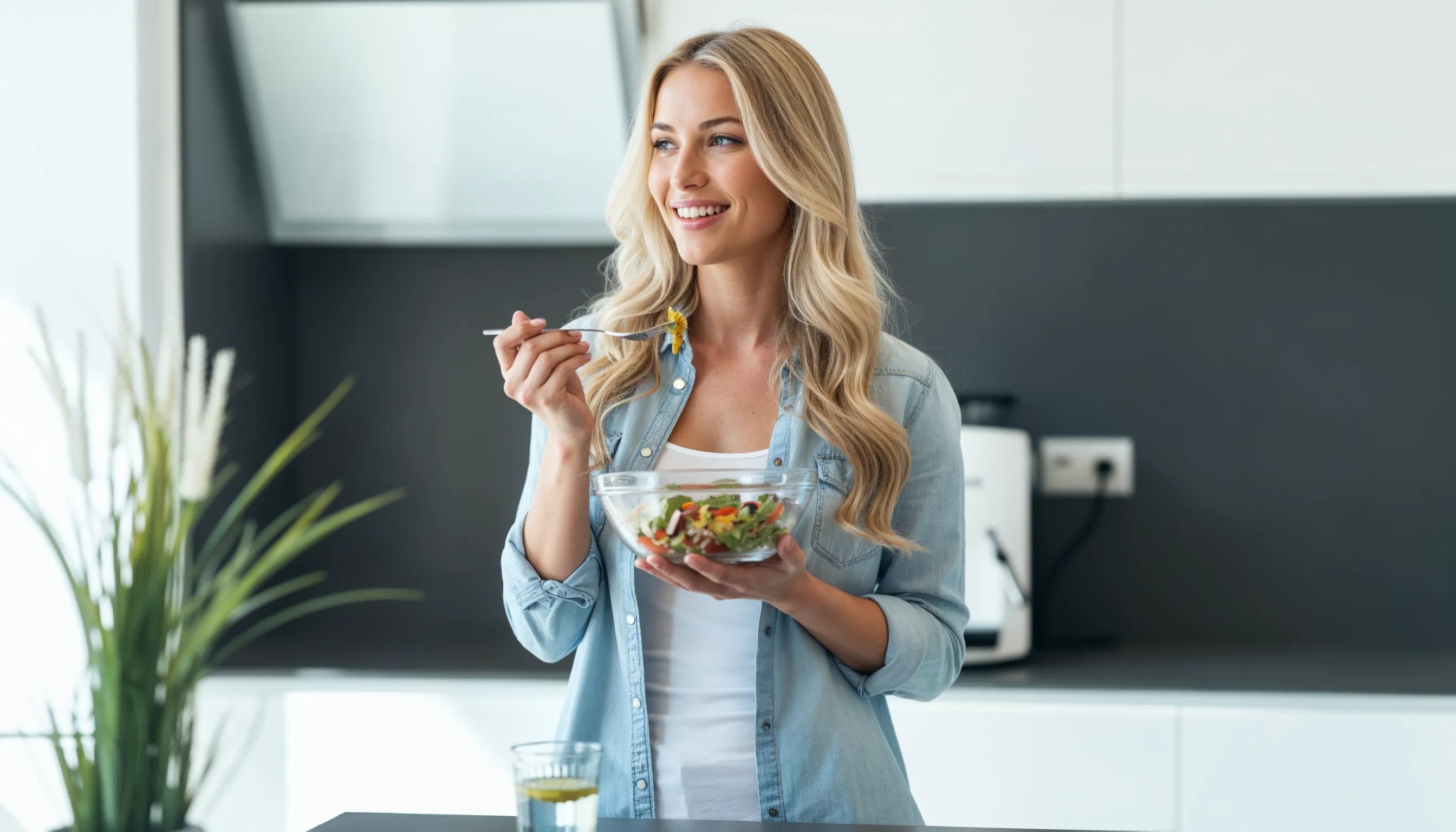 Woman eating a healthy salad at home, representing mindful eating and improved appetite control during the first week on tirzepatide.