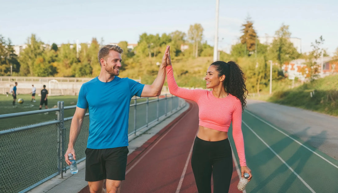 Man and woman high-fiving after a workout on a track, representing active lifestyle and maintaining weight loss after tirzepatide.