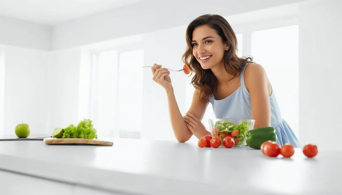 Woman enjoying a fresh salad in a bright kitchen, symbolizing healthy nutrition and hormone balance while using tirzepatide for PCOS management.