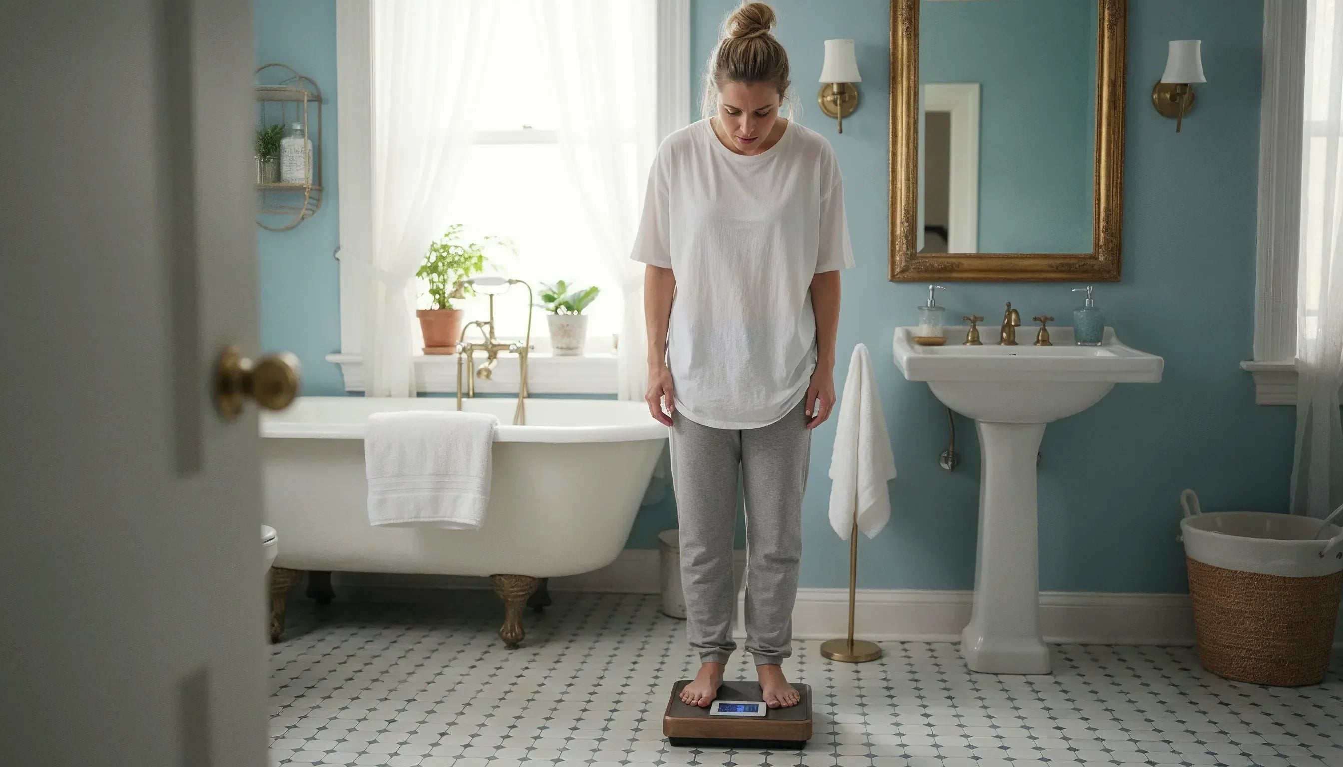 Woman checking her weight on a bathroom scale, tracking progress from tirzepatide weight loss treatment.
