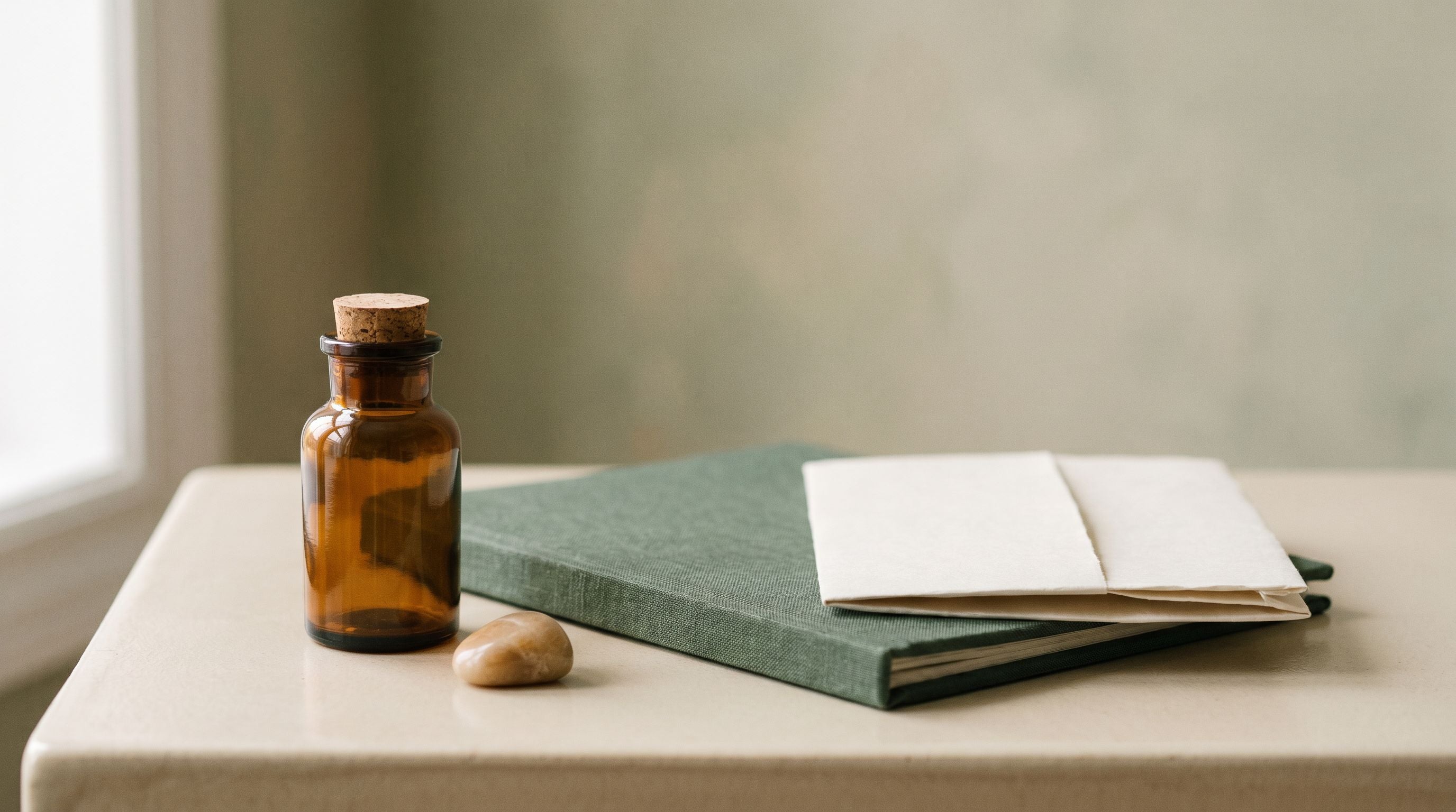 Amber compounding vial beside a plain folder and folded paper on bone — calm, transparent, uncluttered.