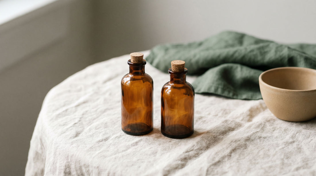 Two amber apothecary vials side by side on bone linen — a calm, neutral comparison; not the same thing.