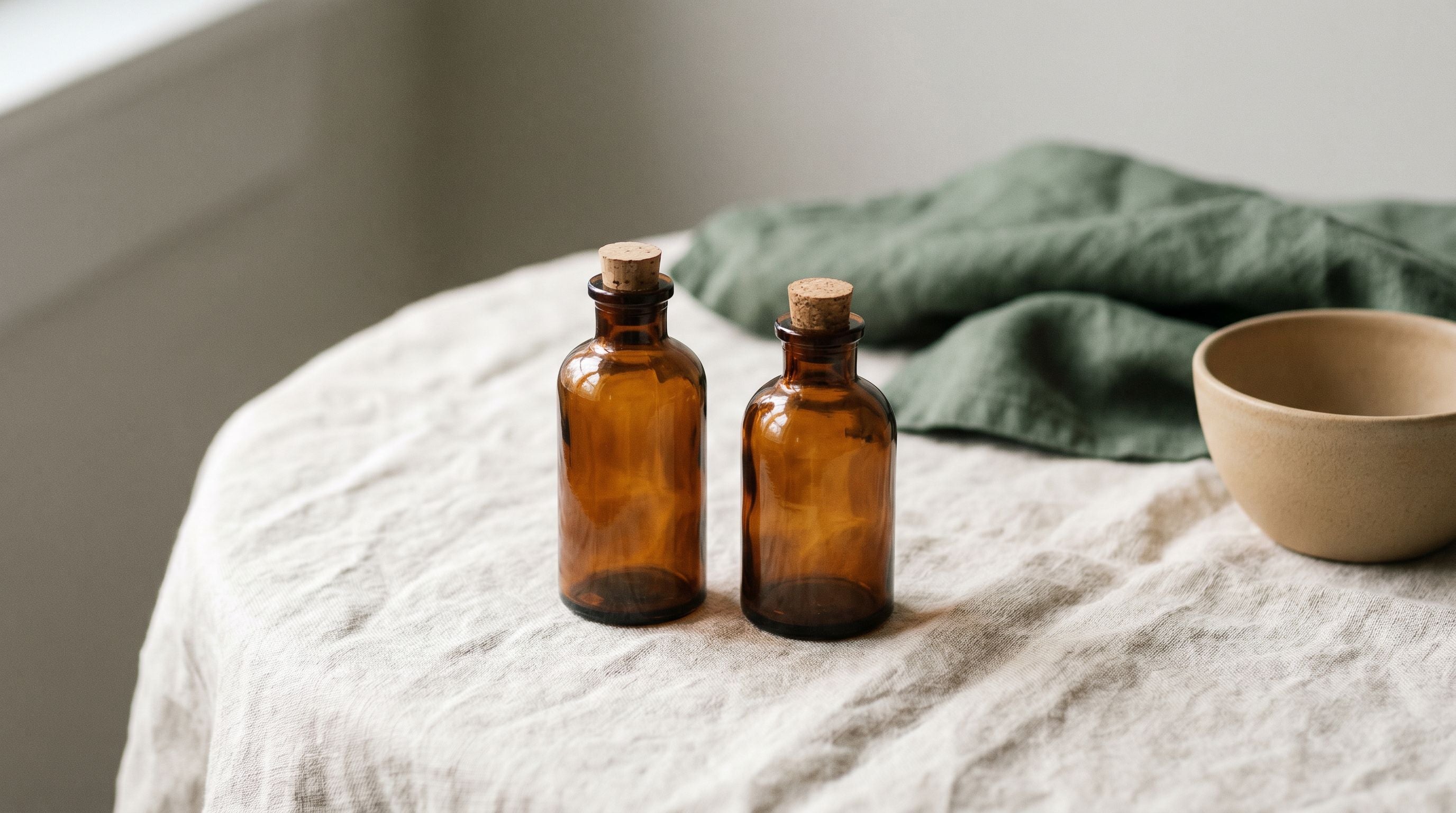 Two amber apothecary vials side by side on bone linen — a calm, neutral comparison; not the same thing.
