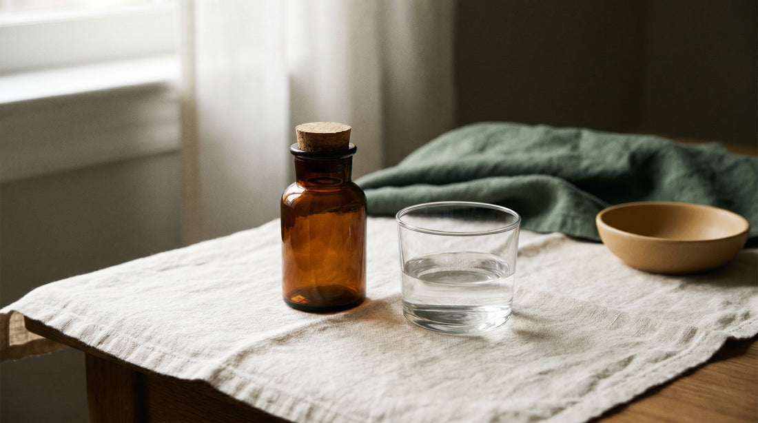 Amber compounding vial beside a small glass of water on bone — calm and uncluttered.
