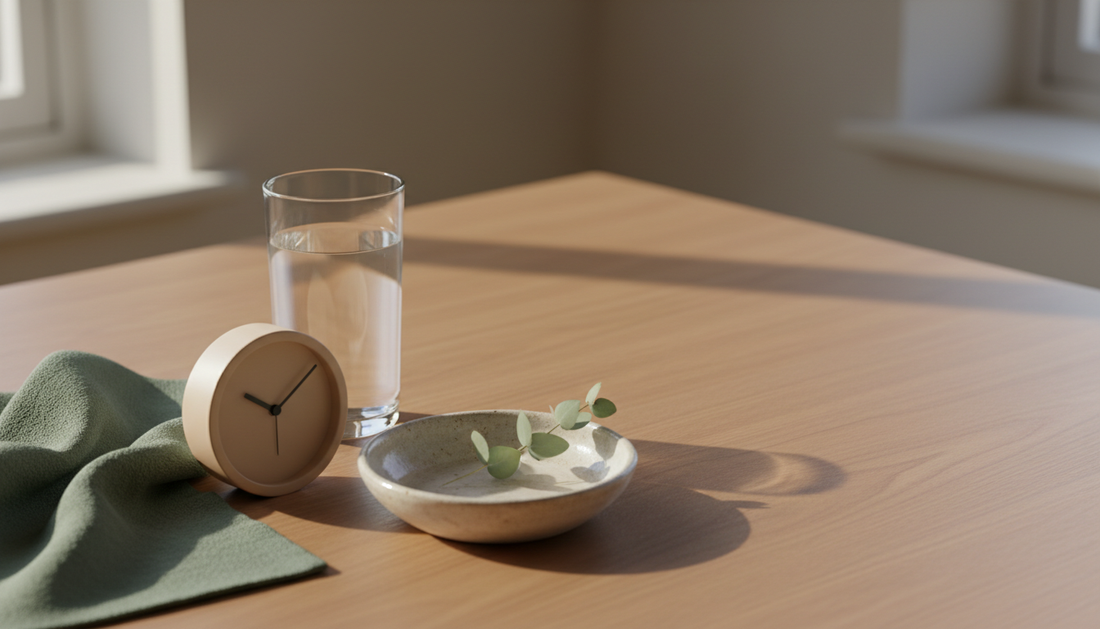A calm, tidy still life with a glass of water, a folded towel and a small clock on a wooden table.