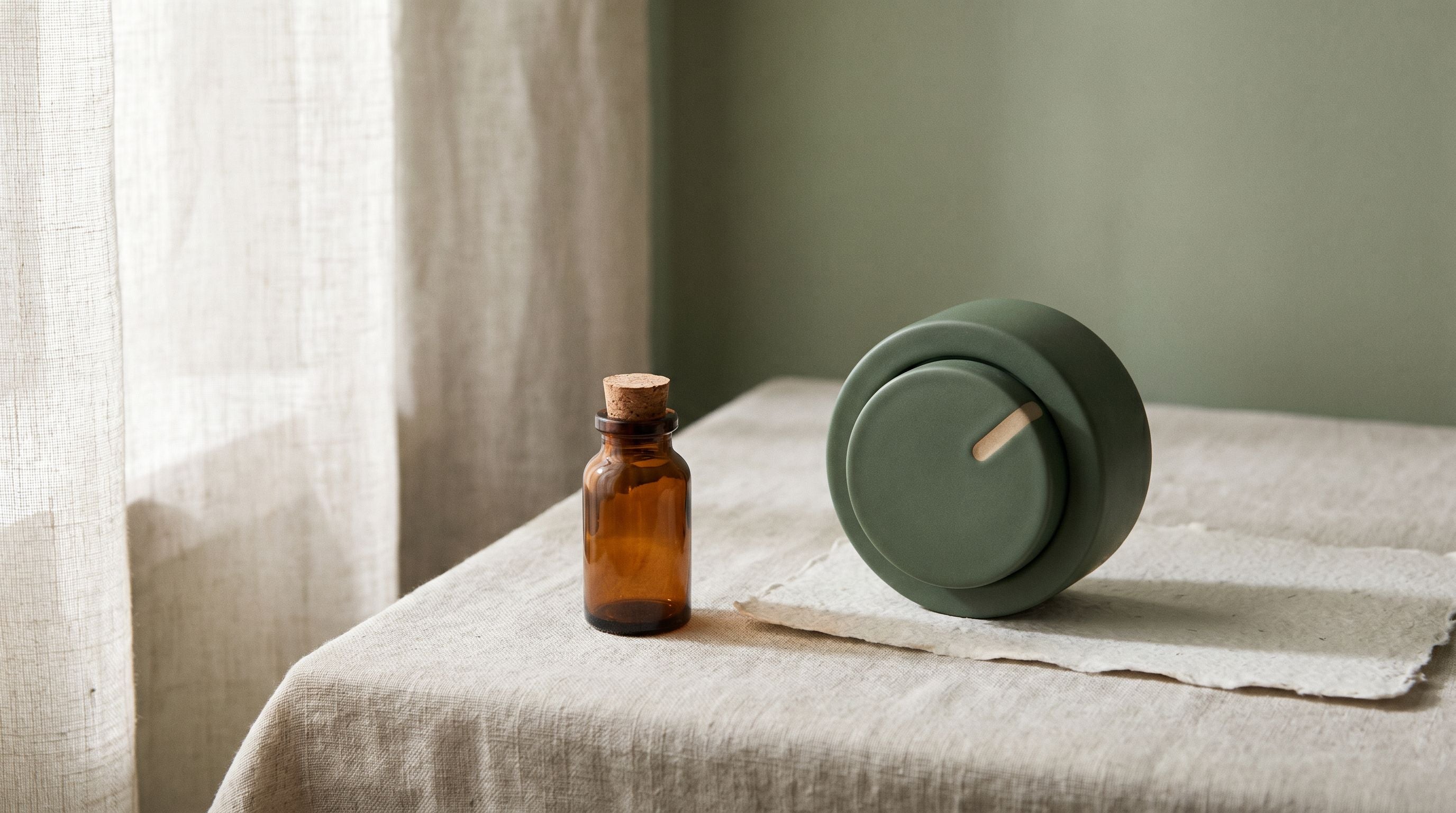 Amber compounding vial beside a ceramic dial on bone linen — clinician-set, personalized tirzepatide dosing.