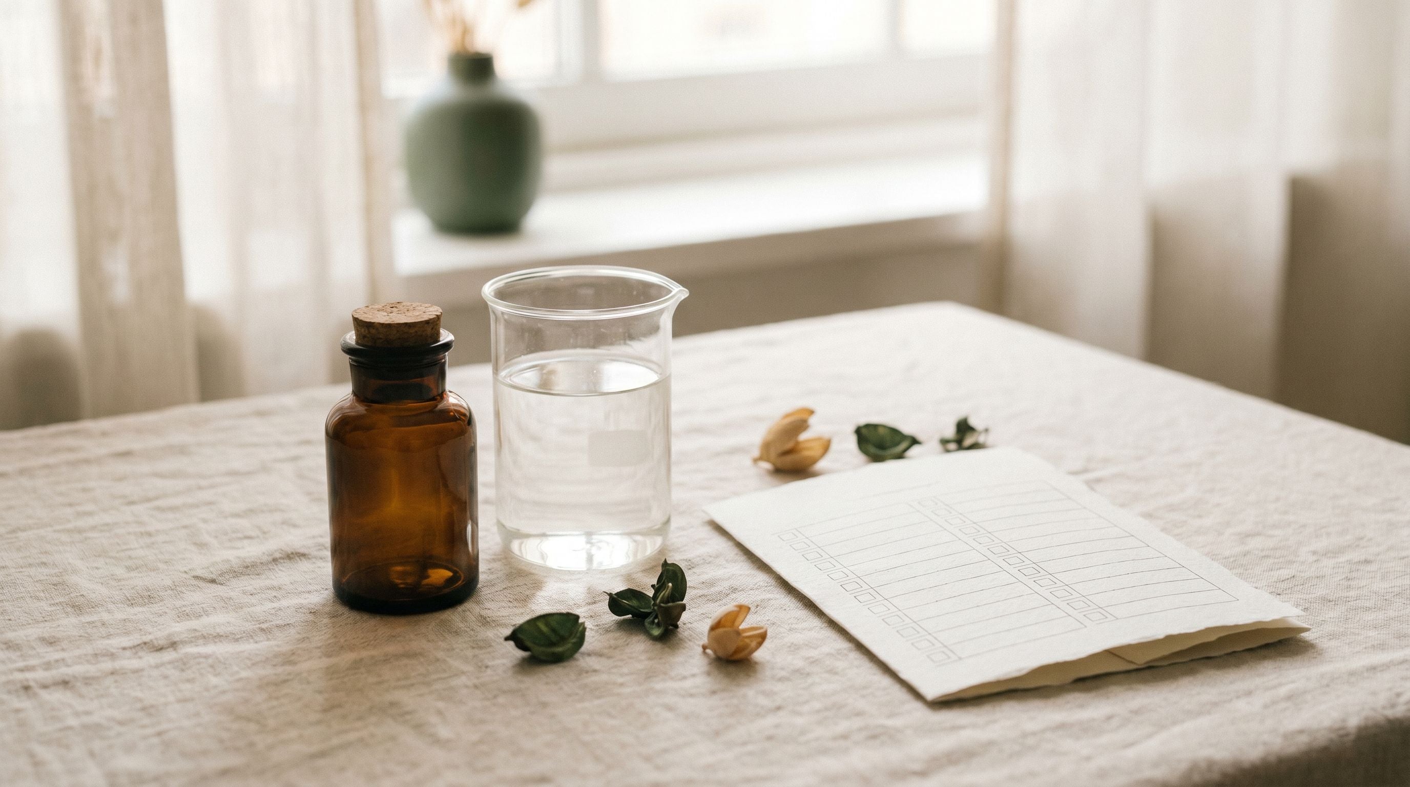 An amber vial beside a glass beaker and a blank folded sheet on bone — careful evaluation.