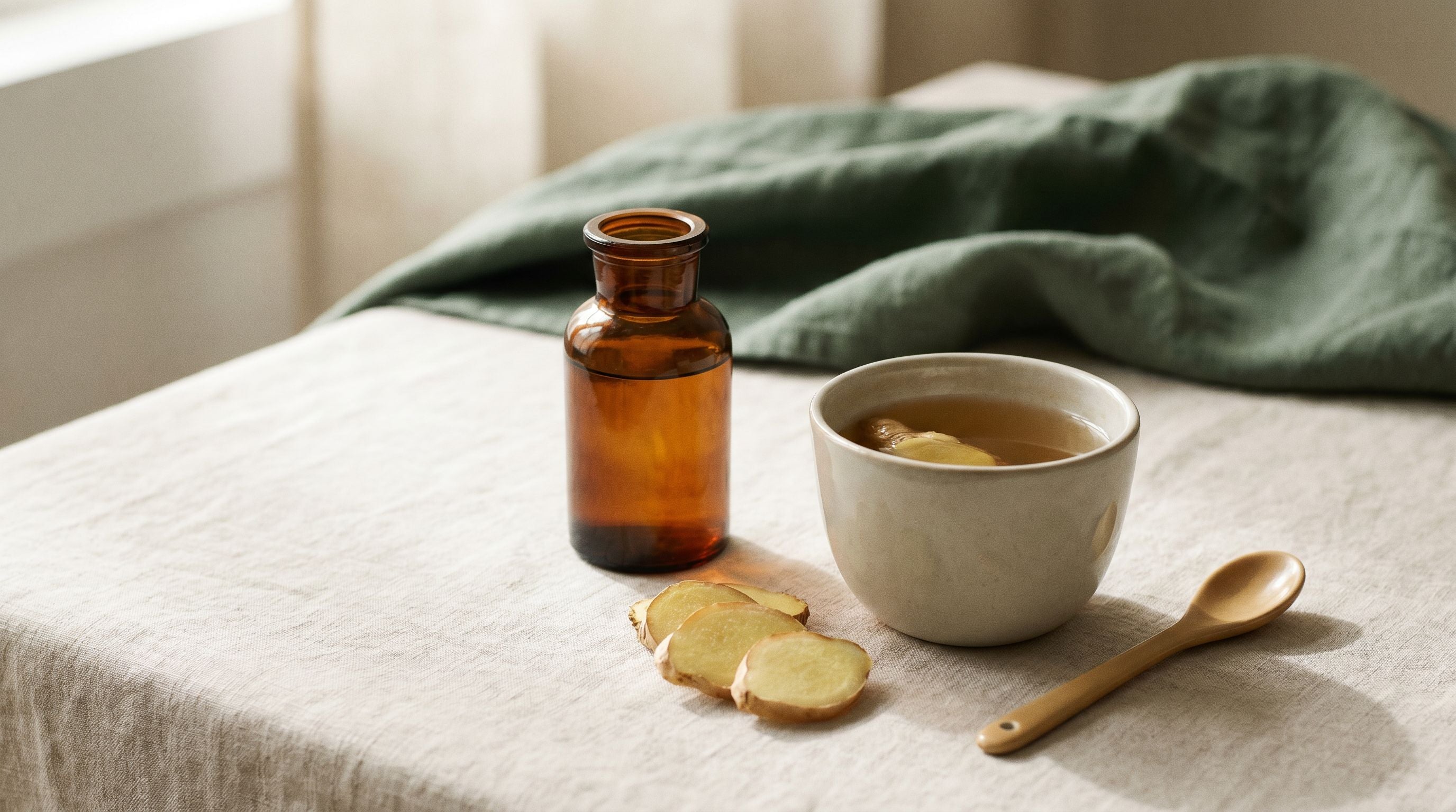 Amber compounding vial beside ginger tea and fresh ginger root — soothing, clinician-guided care.