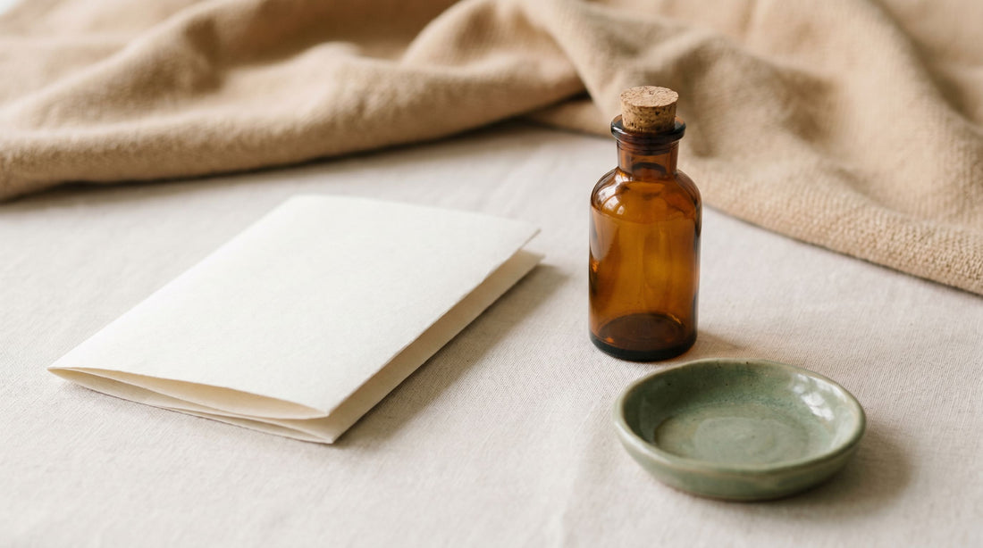 Amber compounding vial beside folded paper and a ceramic dish on bone — transparent pricing.