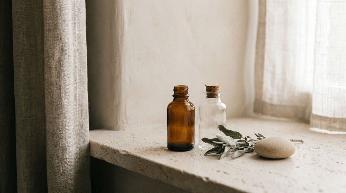 An amber vial and a clear vial side by side with greenery — two things used together.