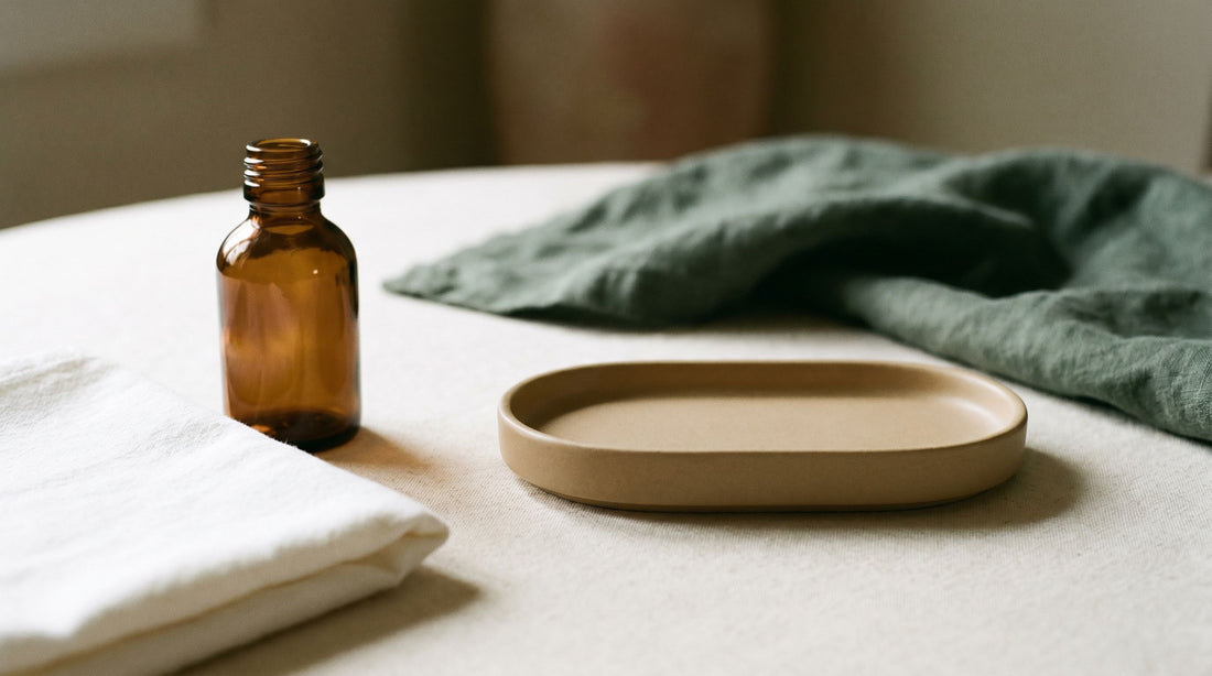 Amber compounding vial, clean folded cloth, and ceramic tray — calm, careful preparation.
