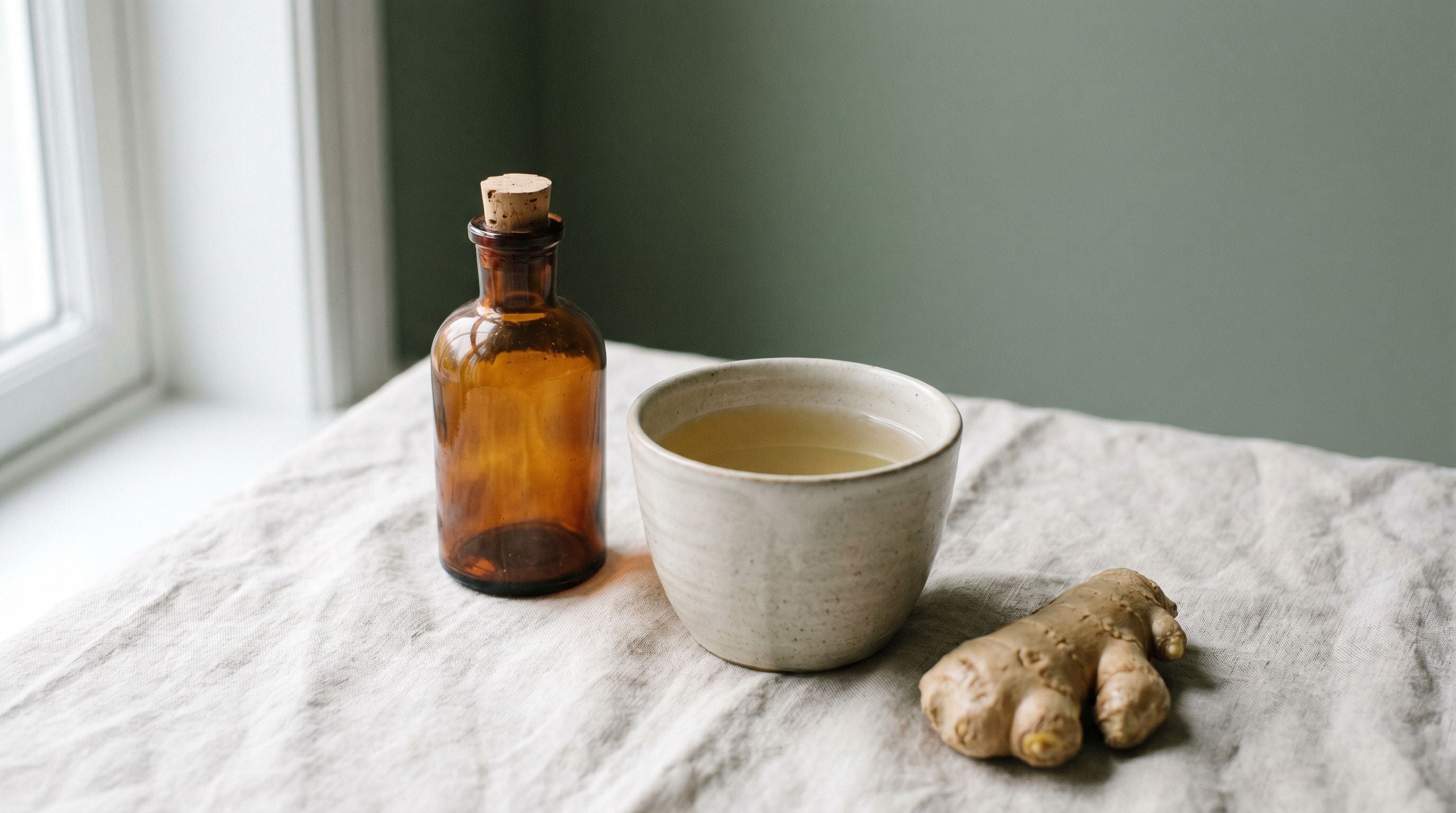 Amber compounding vial beside ginger tea and fresh ginger root — soothing, clinician-guided care.